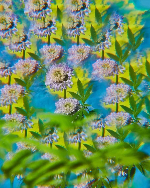 An artistic floral background featuring a repeating pattern of light purple flower heads with green leaves, creating a vibrant, textured visual.