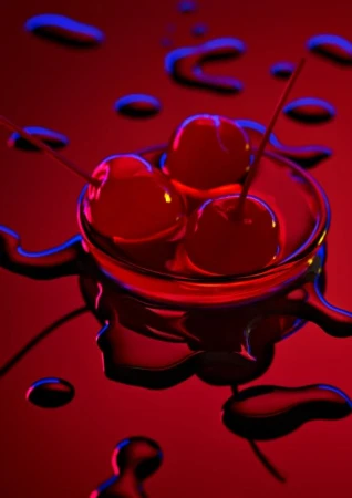 Close-up of a glass filled with three cherries, presented on a red reflective surface with scattered water droplets and blue lighting.