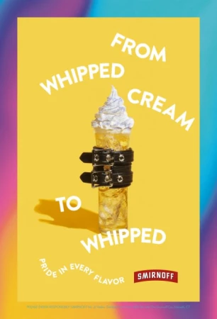 Conceptual advertisement for Smirnoff featuring a glass of liquor with whipped cream on top, cinched with leather belts against yellow background.