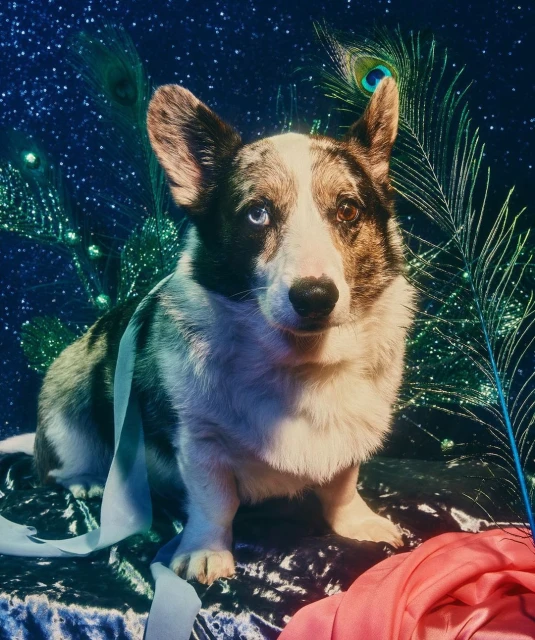 Portrait of a corgi dog with heterochromia, wearing a ribbon, sitting on draped fabric against a backdrop with peacock feathers.