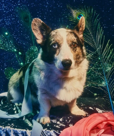 Portrait of a corgi dog with heterochromia, wearing a ribbon, sitting on draped fabric against a backdrop with peacock feathers.