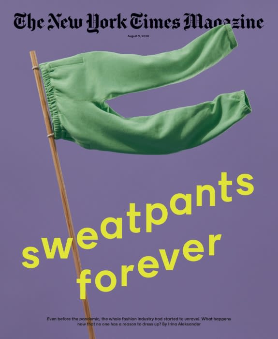 Fashion magazine cover featuring green sweatpants attached to a wooden stick against a purple background, with the text 'sweatpants forever'.