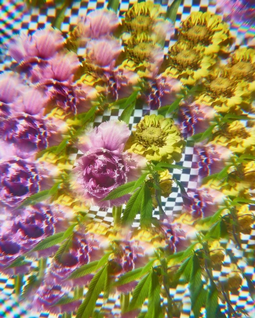 Botanical kaleidoscope image featuring lavender and yellow flowers with green foliage against a black and white checkered backdrop.