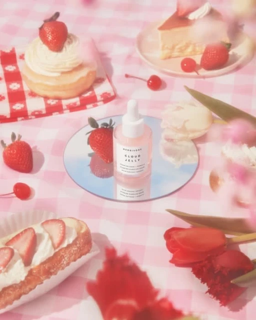 Still life of skincare product, pastries with strawberries, cherries and flowers on a pink gingham tablecloth in soft light.