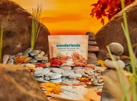 Wanderlands Transportive Pecan Mix pouch displayed on a landscape of rocks, leaves and grass against a vibrant orange sunset background.