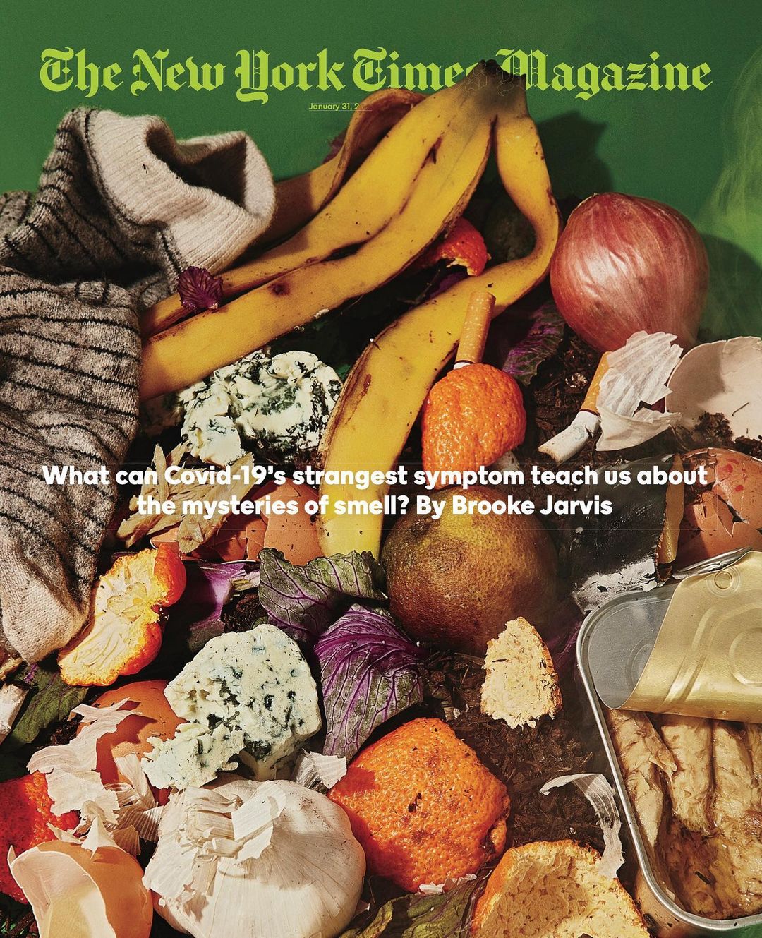 Magazine cover featuring food waste: banana peels, onion skin, eggshells, orange peel, fish in can on green background.