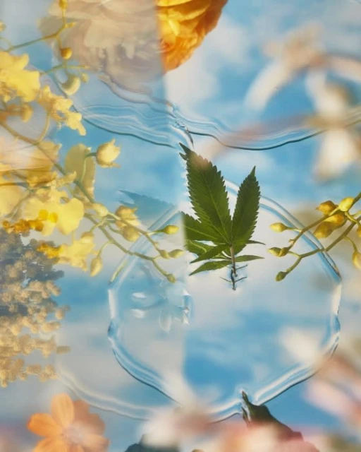 Macro photograph of a cannabis leaf and yellow flowers in clear water with ripples and a blue sky background, evoking a serene and natural feel.