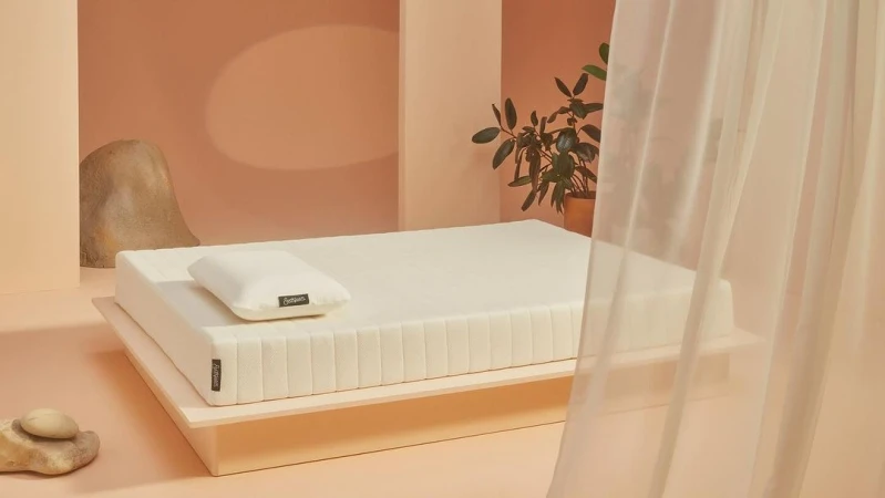 White mattress on a minimalist wooden platform bed in a warm peach-toned room with sheer curtains and a potted plant.