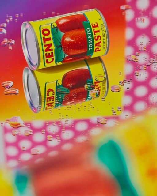 Cento tomato paste can reflected in a wet, colorful surface with water droplets and a polka-dot pattern in the background. Food & Beverage.