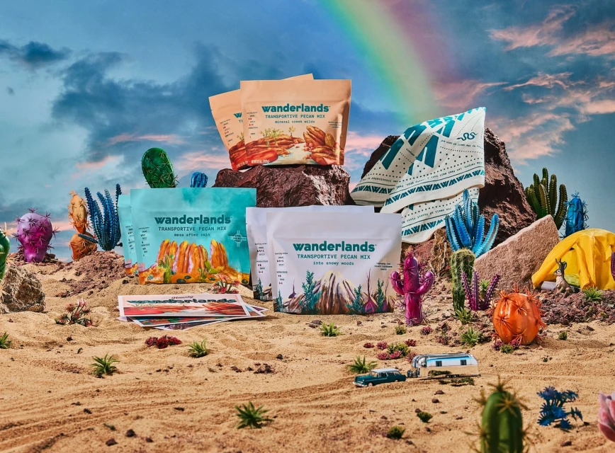 Product display of Wanderlands Transportive Pecan Mix in a desert scene with cacti, rocks, toy car, and rainbow against a cloudy sky.