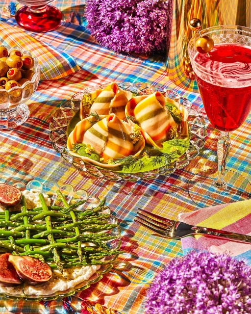 Overhead shot of a crystal table setting featuring asparagus, figs, appetizer rolls, olives, and a red cocktail, all on a colorful tablecloth.