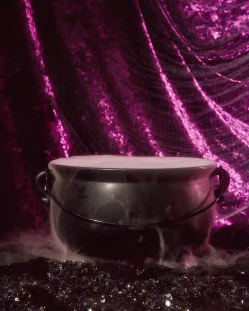 Cauldron bubbling with smoke on a black surface against a draped, purple background. Dark, mysterious scene. Halloween vibe.
