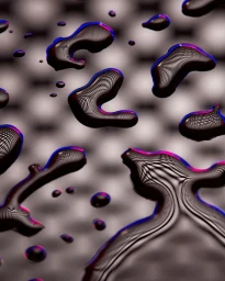 Close-up abstract photograph of dark liquid droplets reflecting a patterned background with thin pink and blue light edges.