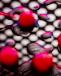 Vibrant red and pink liquid droplets on a patterned black and white grid surface captured in macro photography.