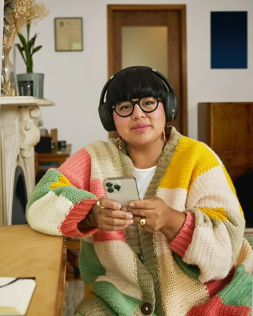 Woman wearing headphones and a colourful crochet cardigan holds a smartphone indoors with a potted plant and wall art in the background.