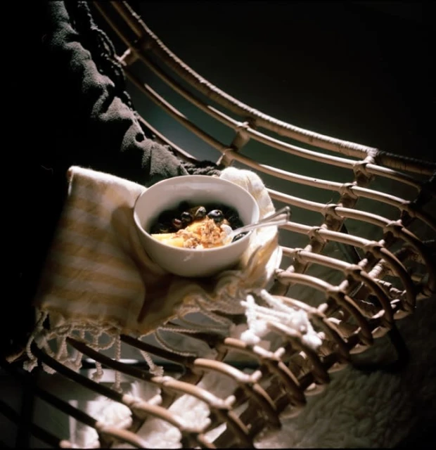A bowl of fruit and granola on a striped towel draped over a wicker chair, creating a cozy and inviting food still life.