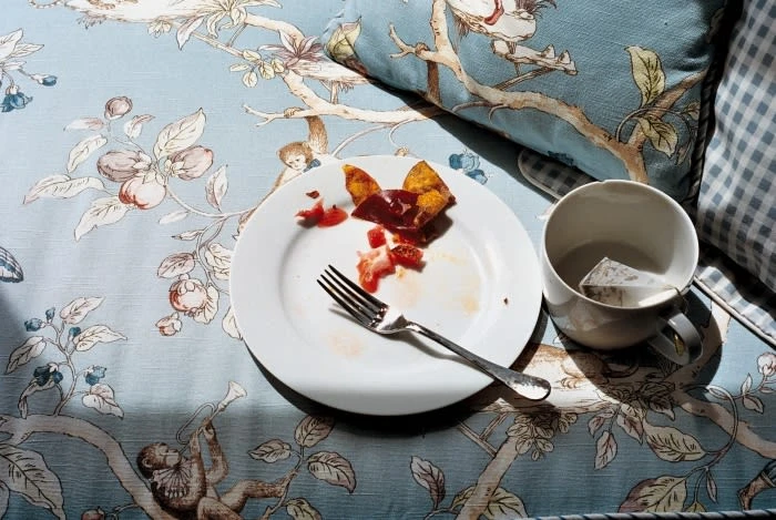 Overhead shot of a plate with food remnants and a fork, a mug with a tea bag, resting on a floral patterned fabric.
