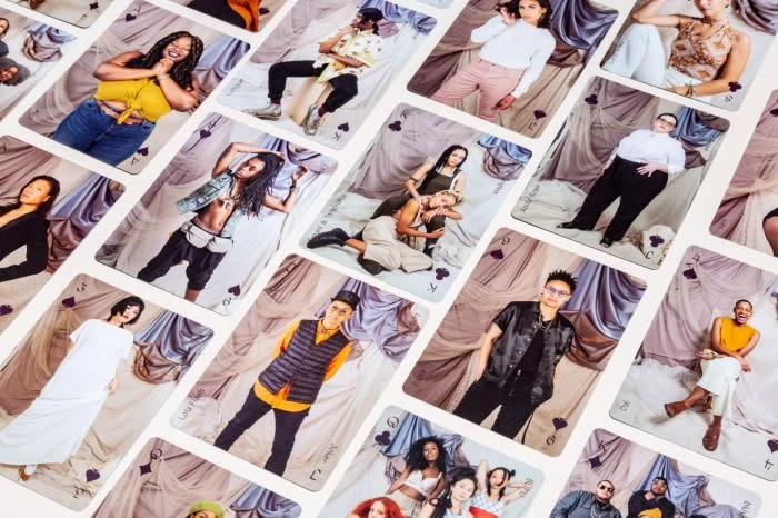 Creative and diverse portrait collection displayed as face cards from a deck, showcasing individual style, expression, and representation.