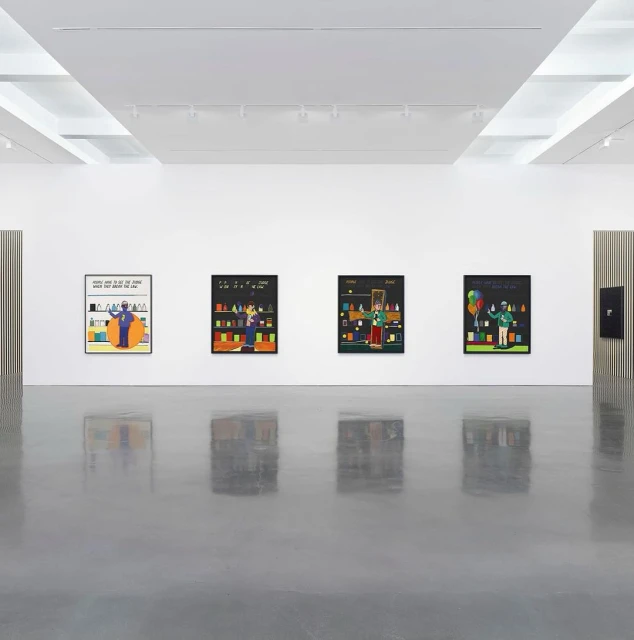 Art gallery exhibition featuring colorful paintings with figures and objects in a modern, brightly lit space with reflective flooring.