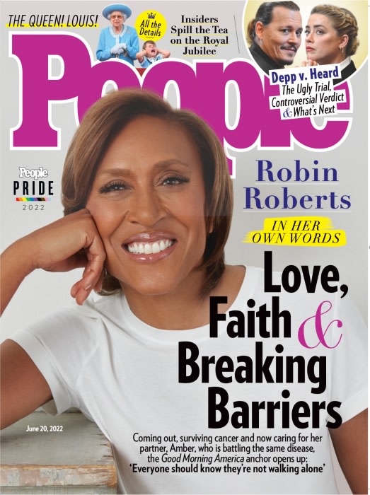 People Magazine cover featuring Robin Roberts smiling, with headlines about Queen Elizabeth, the Depp-Heard trial, and People Pride 2022.
