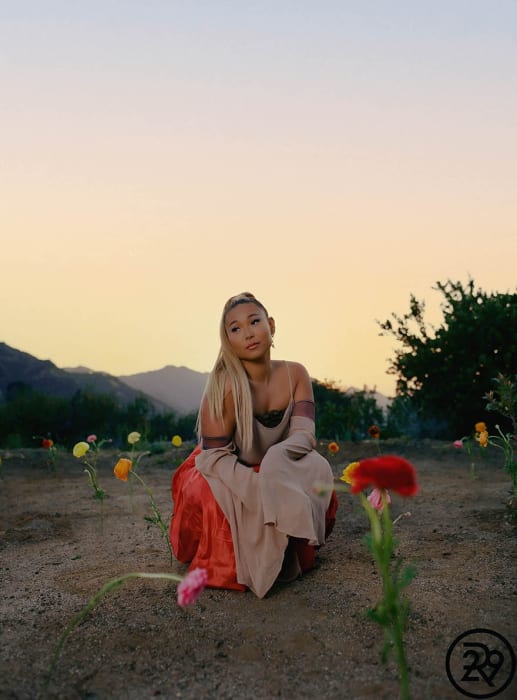 Woman with blond hair, wearing a light-colored dress, sits among colorful flowers with mountains and a yellow sunset in the background.