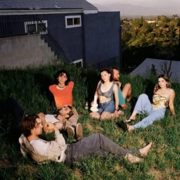 Group of six young adults lounging and posing together on a grassy hill outdoors in front of a dark blue house.