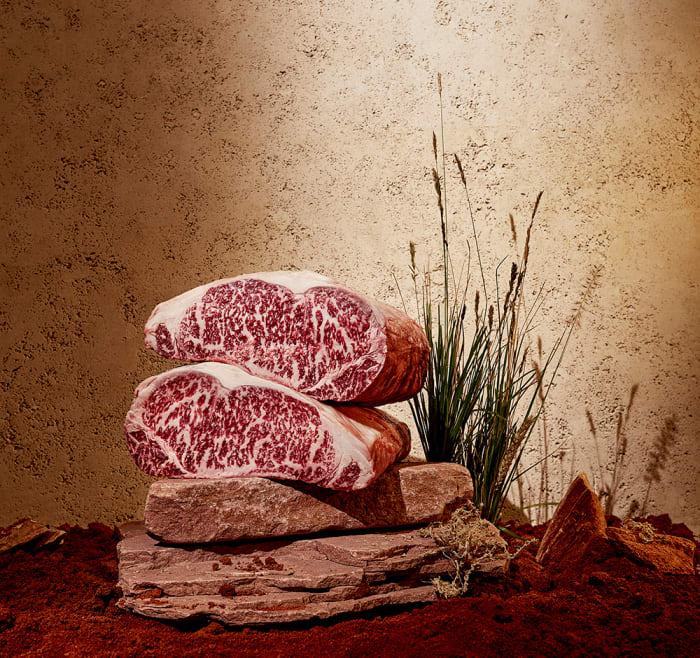 Two raw marbled steaks stacked on natural stones, accented by sprigs of wheatgrass against a textured brown backdrop.