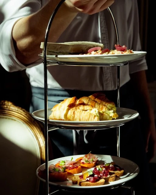 Close-up of a server holding a three-tiered stand filled with croissants and various canapés in a dimly lit restaurant.