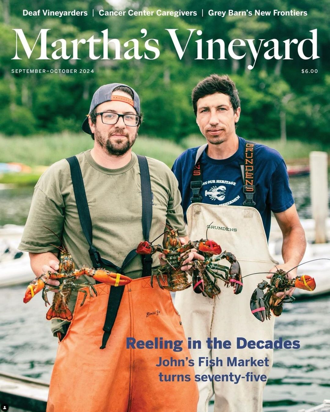 Magazine cover features two fishermen holding lobsters, outdoors, with the title 'Martha's Vineyard' and date September-October 2024.