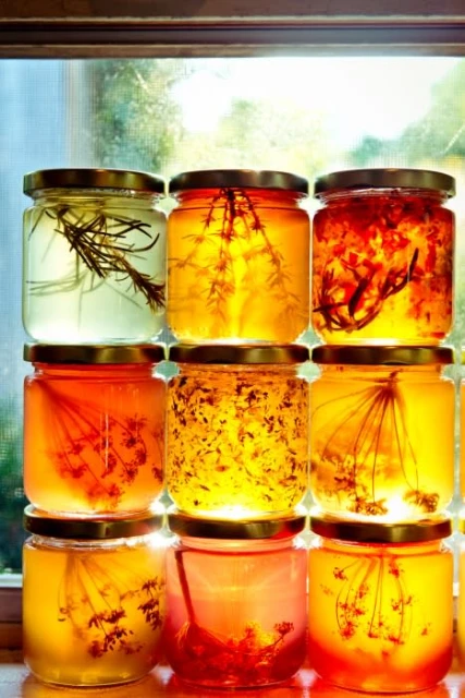 Nine jars of golden honey, each containing different herbs and spices, are stacked in a window with natural light illuminating them.
