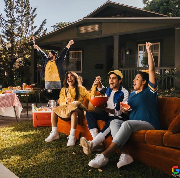 Four young adults celebrating outdoors on an orange couch with drinks and snacks in front of a modern house on a sunny day.