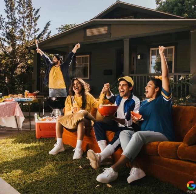 Four young adults celebrating outdoors on an orange couch with drinks and snacks in front of a modern house on a sunny day.