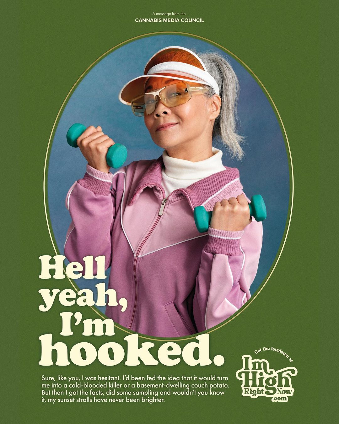 Older woman in athletic wear smiling, holding dumbbells in studio with text ad for Cannabis Media Council and ImHighRightNow.com.