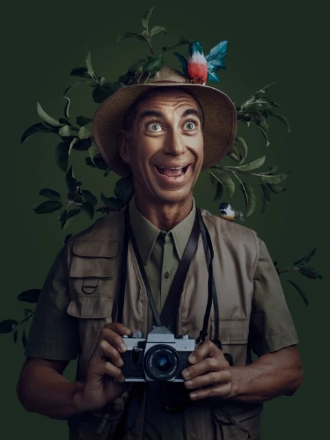 Man in safari hat and vest smiles broadly holding a vintage camera, adorned with small birds and foliage against a green backdrop.