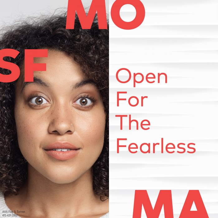Portrait of a woman with curly hair partially framed by bold red text 'SF' and 'MO,' set against a bright, minimalist background.