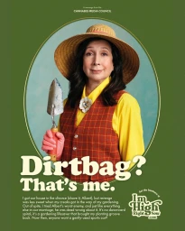 An elderly woman wearing a straw hat and gardening vest holds a small trowel inside an oval portrait frame against a green background.