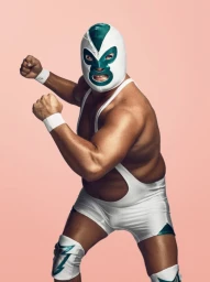 Professional wrestler in a white and green mask and singlet posing with fists raised in a fighting stance.