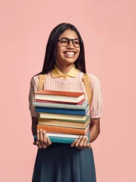 Smiling young woman wearing round glasses holding a tall stack of books against a pink studio backdrop