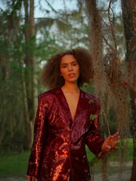 Woman wearing a shiny red sequin blazer standing among trees with hanging Spanish moss.