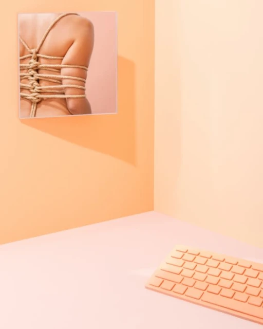 Conceptual studio image: nude woman's back bound with rope, viewed in a picture frame, set on a peach background with a keyboard.