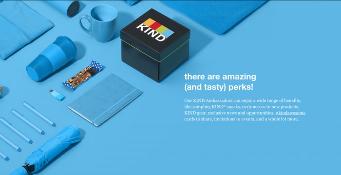 Promotional shot featuring a KIND snack bar, box, notebook, mug, umbrella, pens, and a USB drive on a bright blue surface.