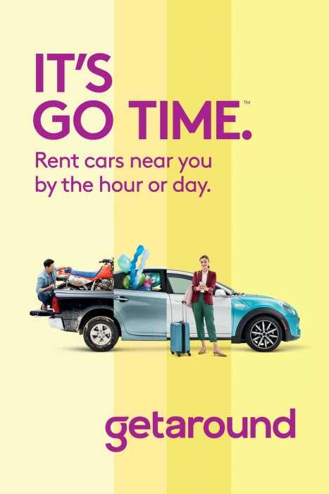 Car rental advertisement featuring a split-image design: one side shows a man loading a motorcycle, the other a woman with luggage.