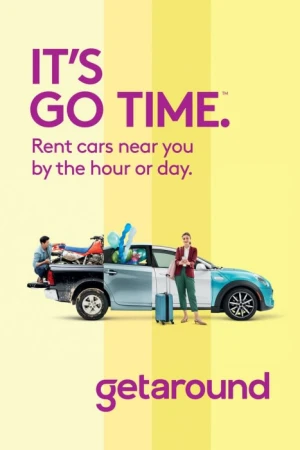 Car rental advertisement featuring a split-image design: one side shows a man loading a motorcycle, the other a woman with luggage.