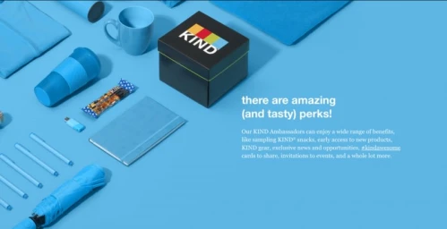 Top-down flat lay featuring a black KIND gift box and blue promotional merchandise arranged neatly on a vibrant blue surface.