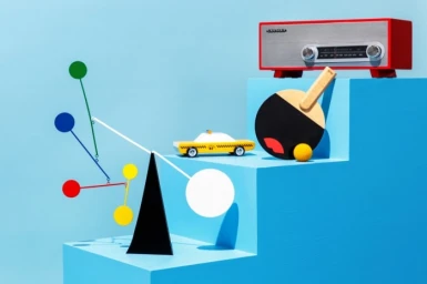 Colorful set design by Marie-yan Morvan featuring vintage radio, ping pong paddle, toy taxi, and mobile on blue steps.