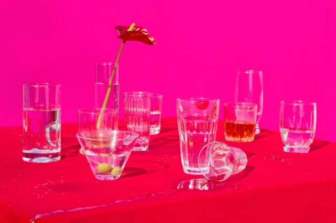 Collection of various glassware and a single red anthurium flower on a bright red tablecloth against a vivid pink backdrop