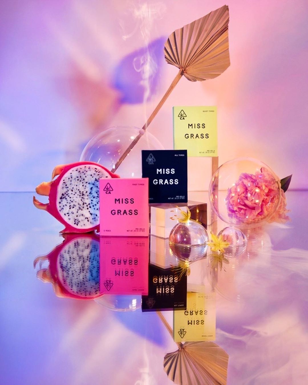 Still life featuring Miss Grass products in pink, yellow, and black packaging, arranged with clear orbs, tropical fruit, and a palm fan.
