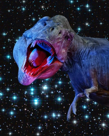 Dinosaur Tyrannosaurus Rex with mouth open against background of bright blue and white stars, illuminated with red and blue lighting.