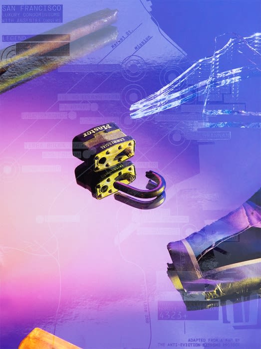 Open Master Lock padlock on a reflective surface with geometric background details in hues of purple, blue and yellow.