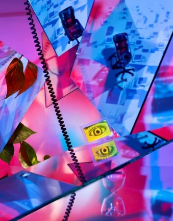 Surreal still life of office chair reflections in glass, intertwined with leaves, hourglass, coiled cable, and eye graphics with blue and pink tones.